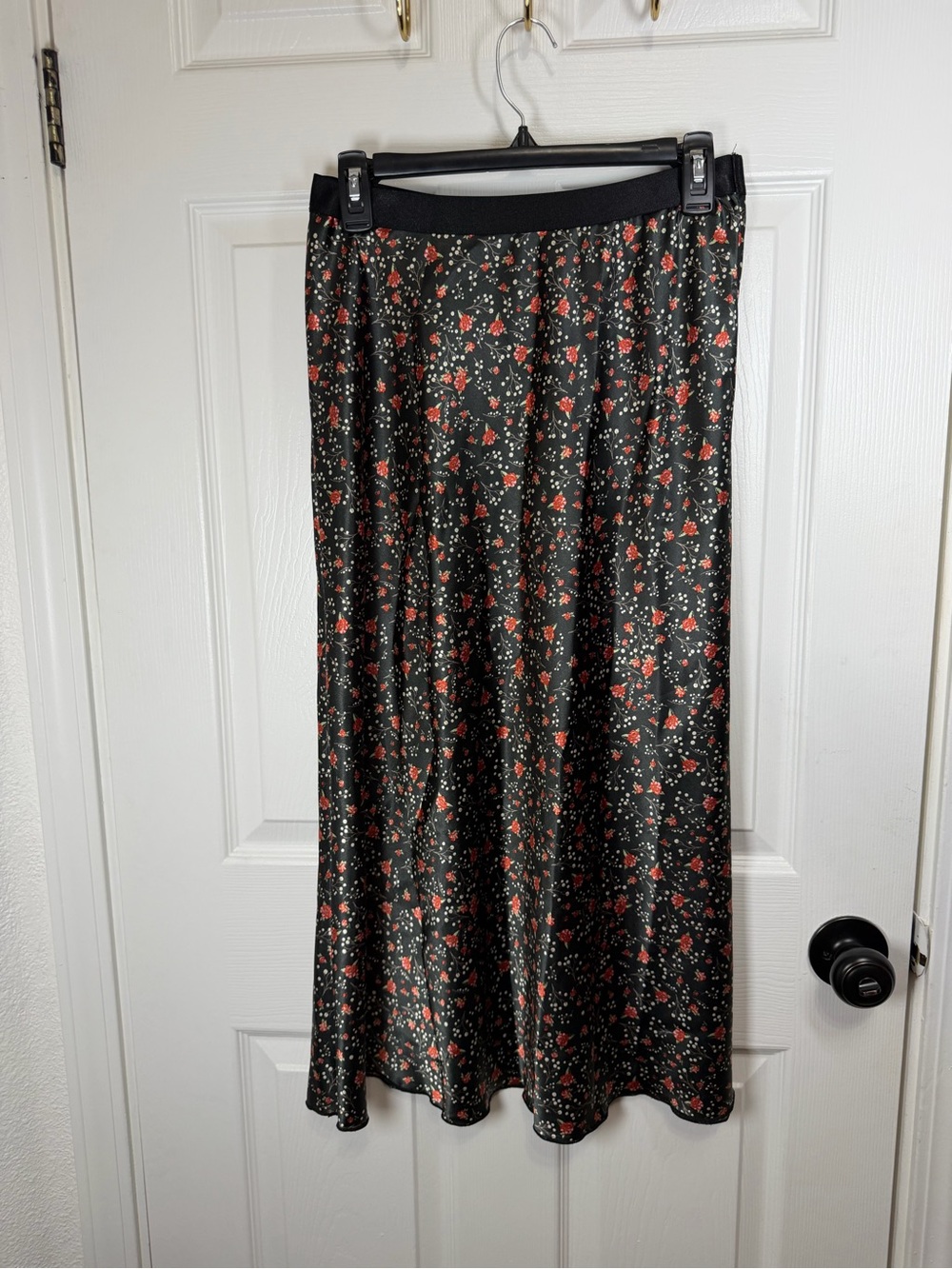 Black Mid-Maxi Skirt with Red Floral Print - Knit Riot